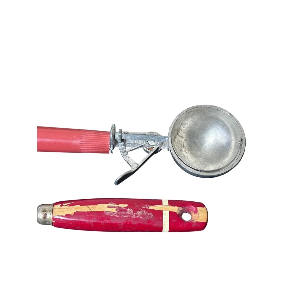 Vintage Kitchen Utensil Set Ice Cream Scoop Whisk Spatula Ladle Red Handle 5 Pcs